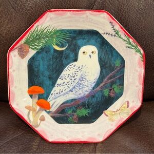 Snowy Owl Decorative Octagonal Plate with Red Trim